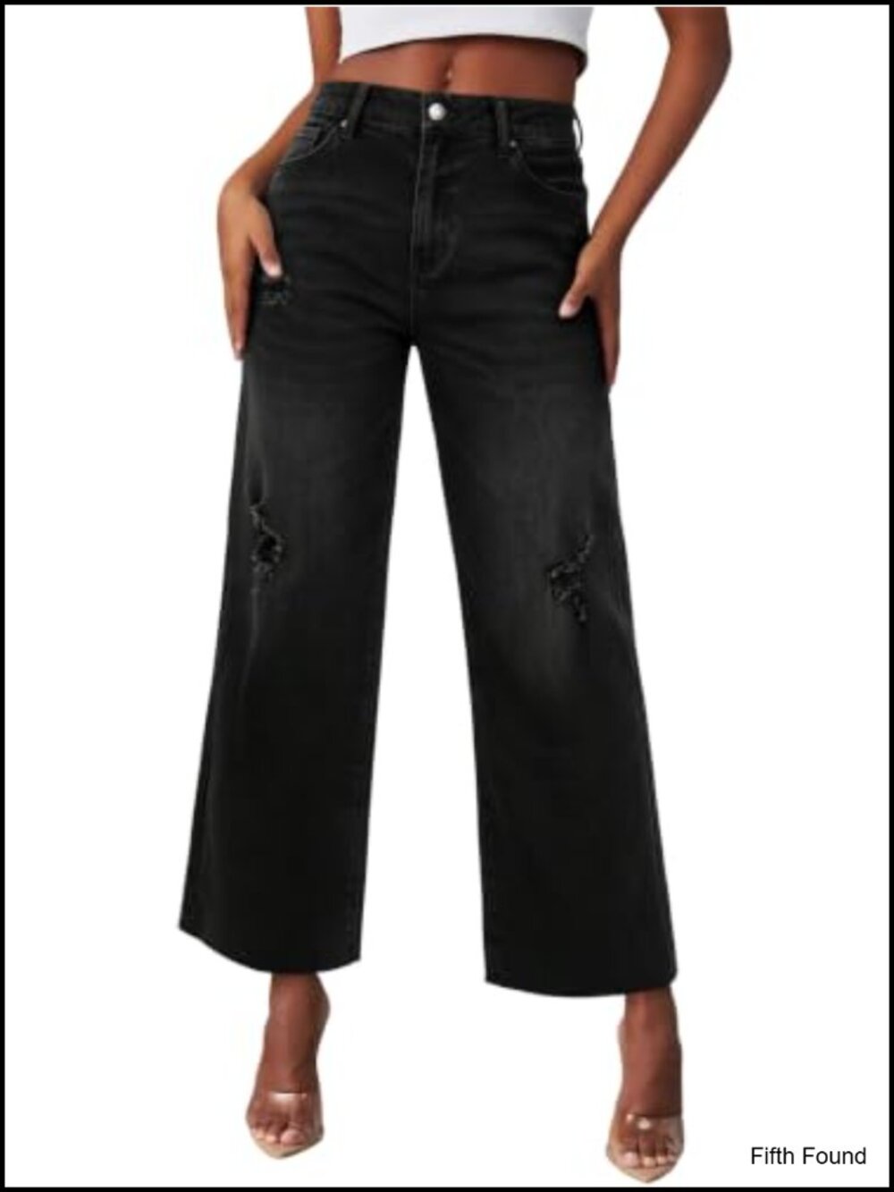 High Waisted Cropped Wide Leg Ripped Jeans Stretchy Denim Pants with Pockets